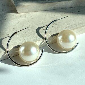 NEW ~ Anthropologie XL Pearl Silver Hoop Earrings